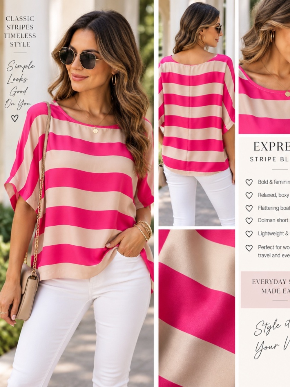 Express Pink & Champagne Striped Satin Dolman Blouse Size Small